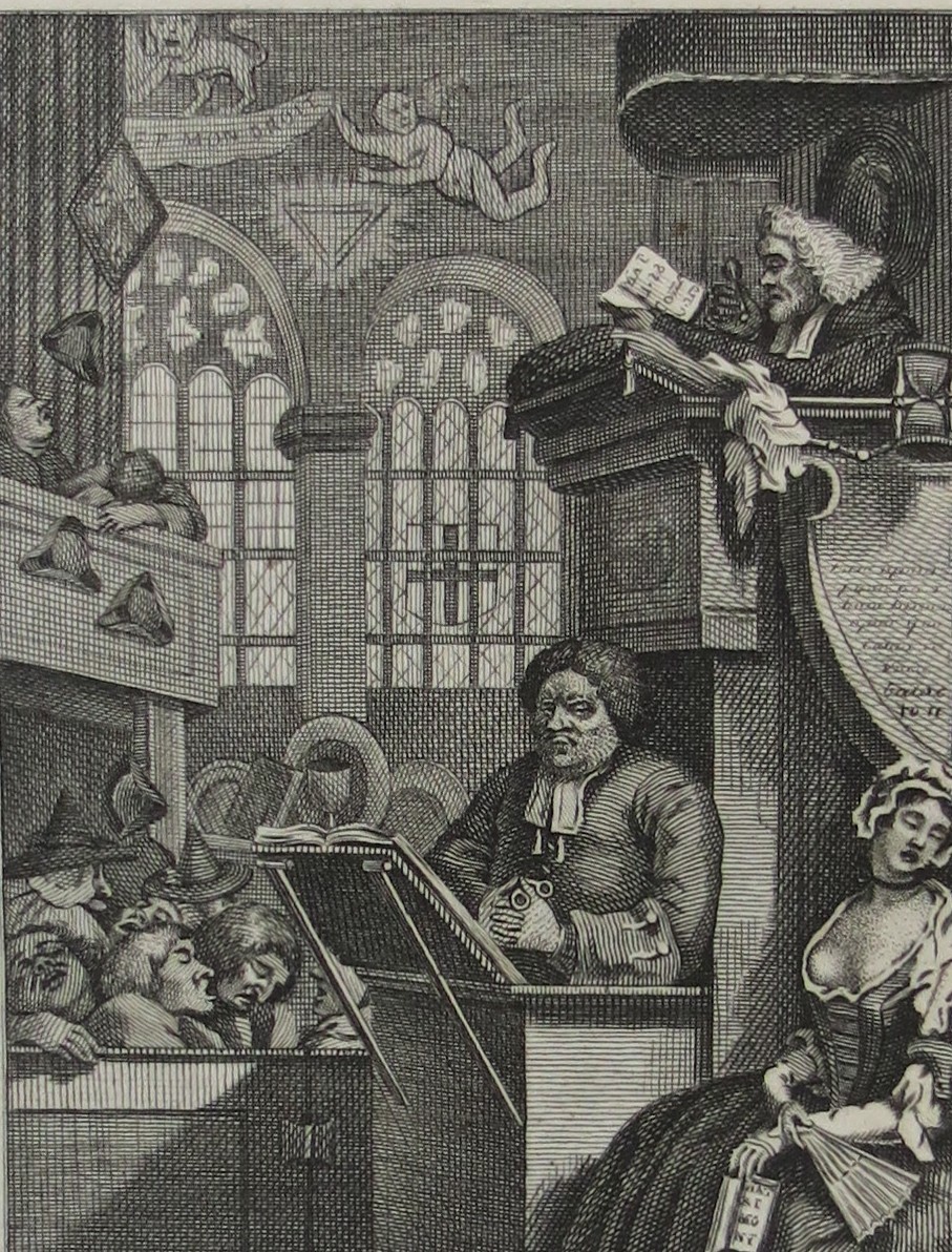 WILLIAM HOGARTH ANTIQUE 1791 COPPER PLATE ENGRAVING THE SLEEPING CONGREGATION