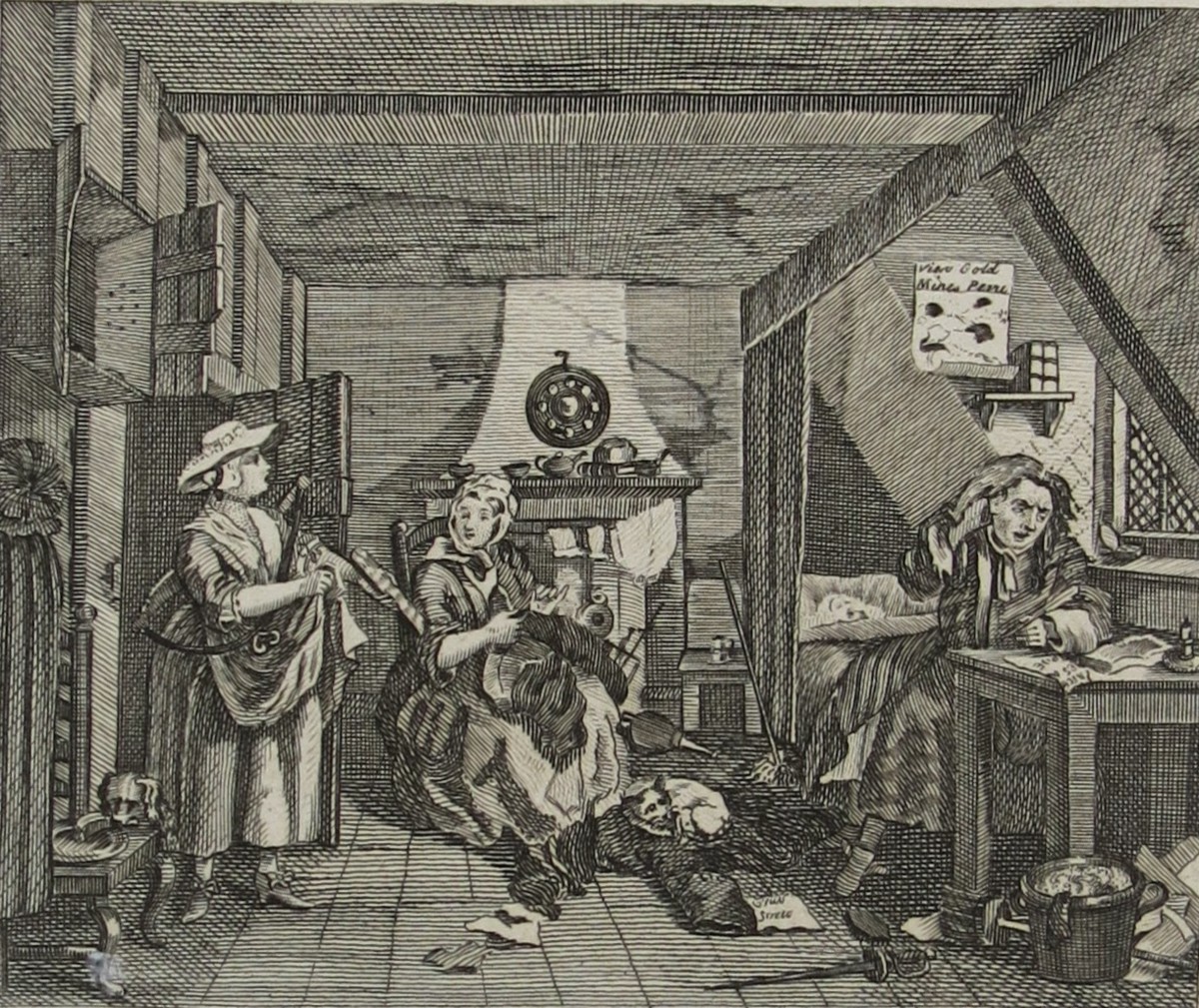 WILLIAM HOGARTH ANTIQUE 1791 COPPER PLATE ENGRAVING DISTRESSED POET