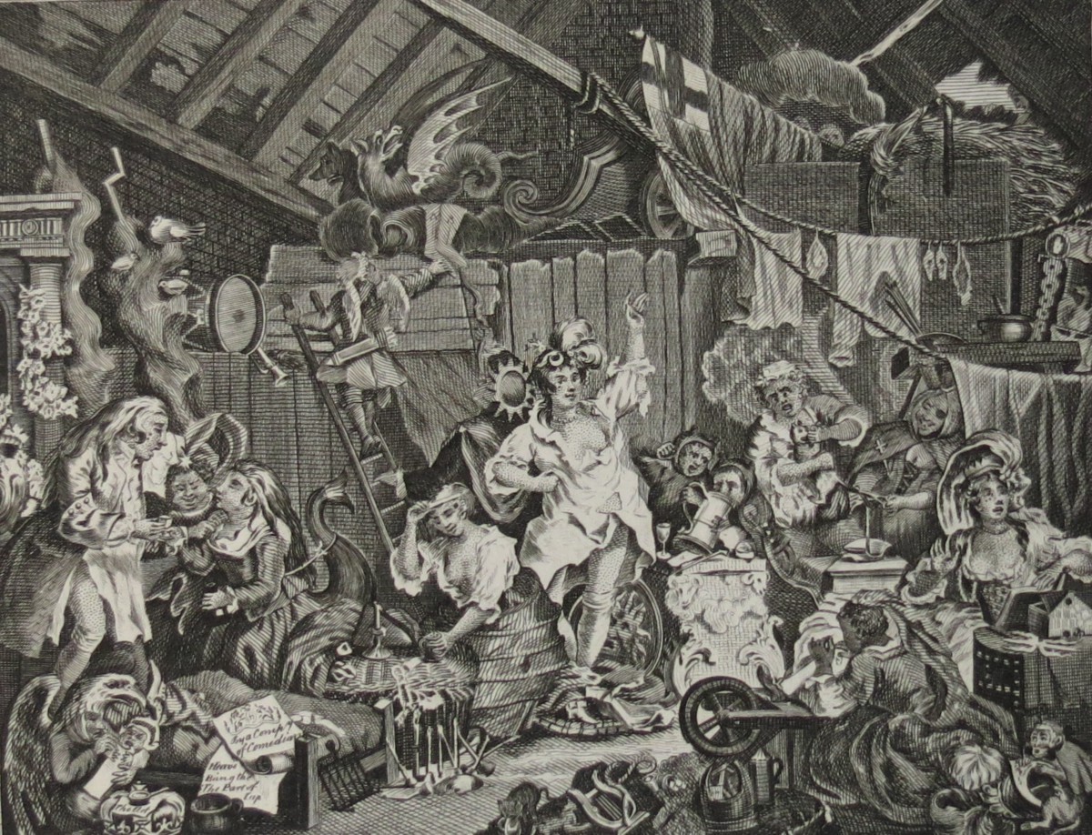 WILLIAM HOGARTH ANTIQUE 1791 COPPER PLATE ENGRAVING STROLLING ACTRESSES DRESSING IN A BARN