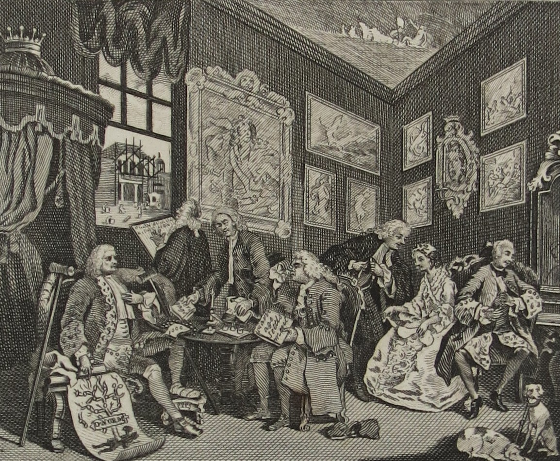 WILLIAM HOGARTH ANTIQUE 1791 COPPER PLATE ENGRAVING MARRIAGE A-LA-MODE PLATE 1 THE MARRIAGE SETTLEMENT OR CONTRACT
