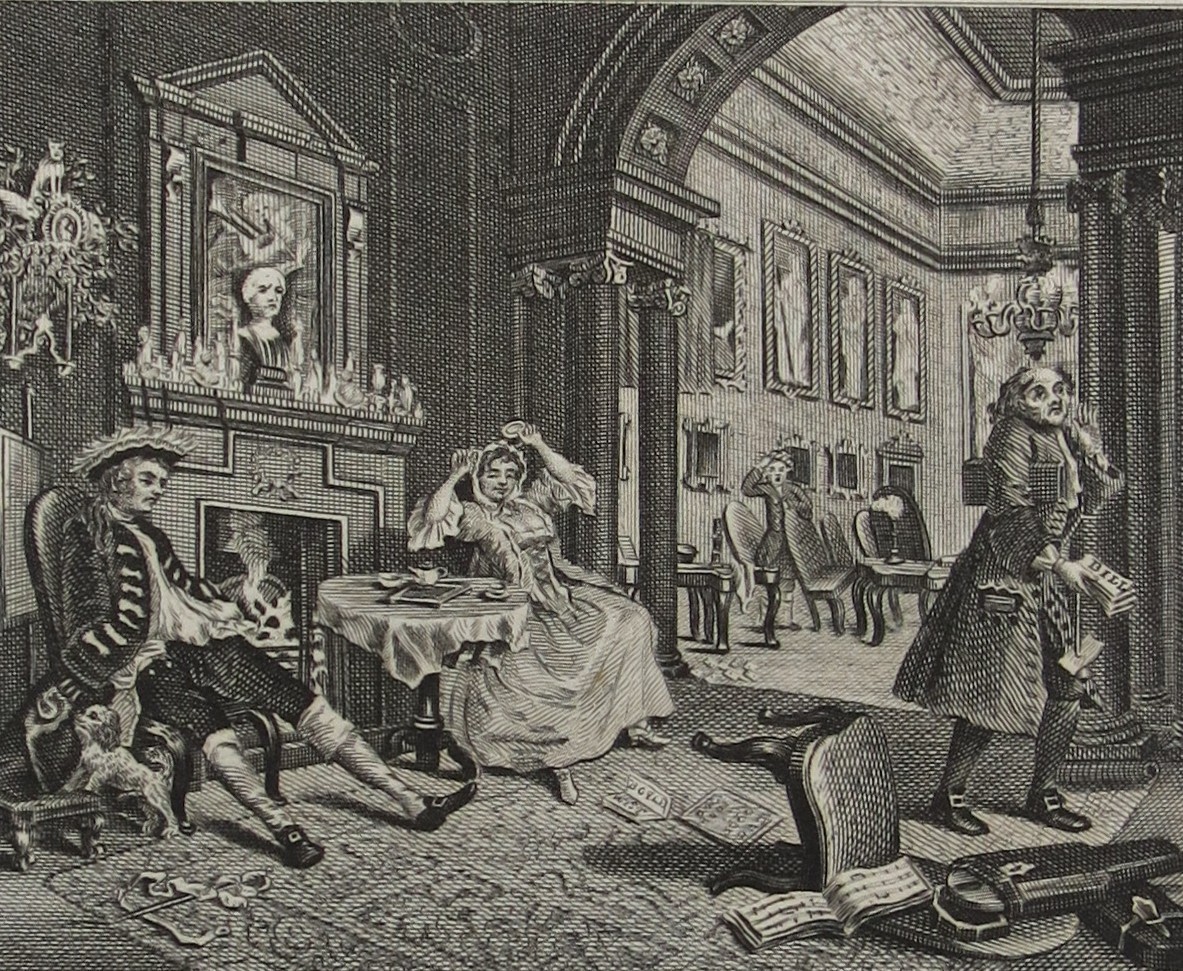WILLIAM HOGARTH ANTIQUE 1791 COPPER PLATE ENGRAVING MARRIAGE A-LA-MODE PLATE 2 THE TTE TTE, EARLY IN THE MORNING