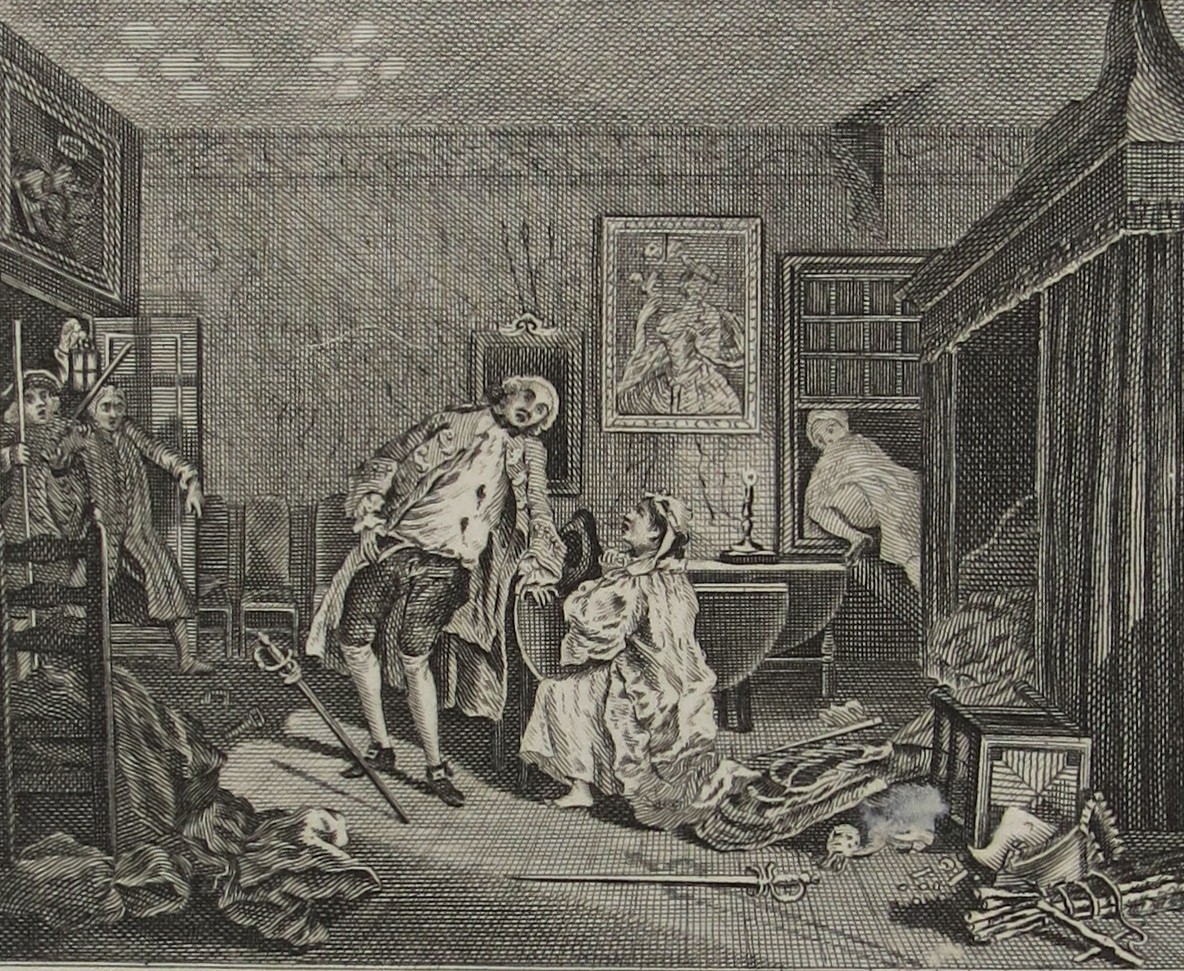 WILLIAM HOGARTH ANTIQUE 1791 COPPER PLATE ENGRAVING MARRIAGE A-LA-MODE PLATE 5 THE BAGNIO, DEATH OF THE EARL