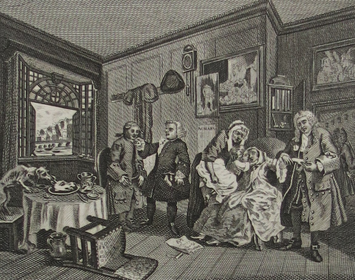 WILLIAM HOGARTH ANTIQUE 1791 COPPER PLATE ENGRAVING MARRIAGE A-LA-MODE PLATE 6 THE LADY'S DEATH