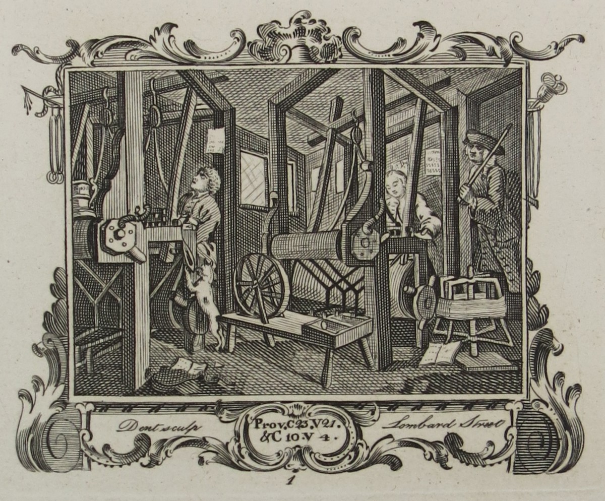WILLIAM HOGARTH ANTIQUE 1791 COPPER PLATE ENGRAVING INDUSTRY & IDLENESS PLATE 1 FELLOW PRENTICES IN THEIR LOOM