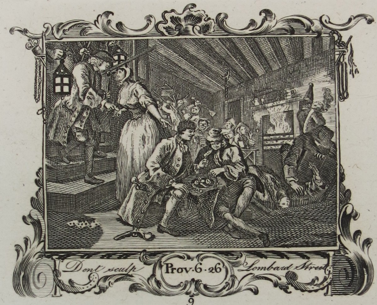 WILLIAM HOGARTH ANTIQUE 1791 COPPER PLATE ENGRAVING INDUSTRY & IDLENESS PLATE 9 THE IDLE PRENTICE BETRAYED BY HIS WHORE AND TAKEN IN A NIGHT CELLAR WITH HIS ACCOMPLICE