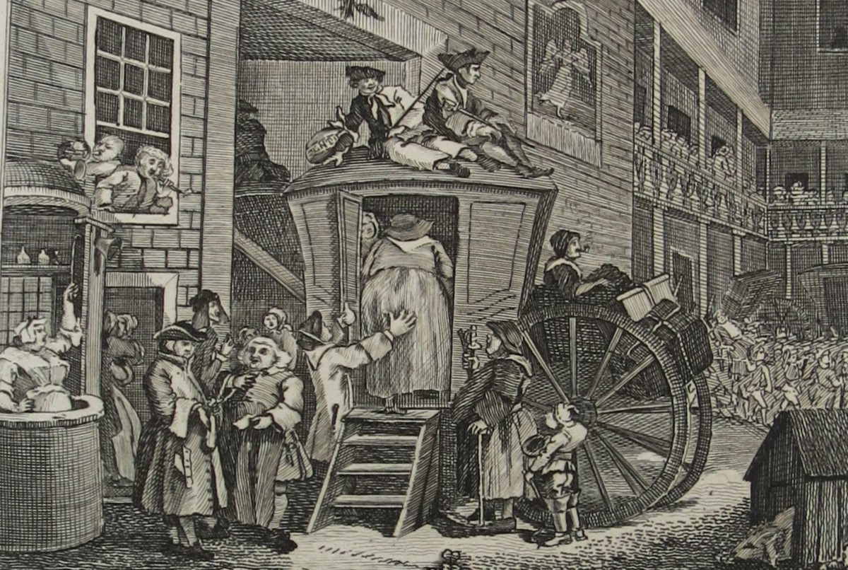 WILLIAM HOGARTH ANTIQUE 1791 COPPER PLATE ENGRAVING THE STAGE-COACH, OR THE COUNTRY INN YARD