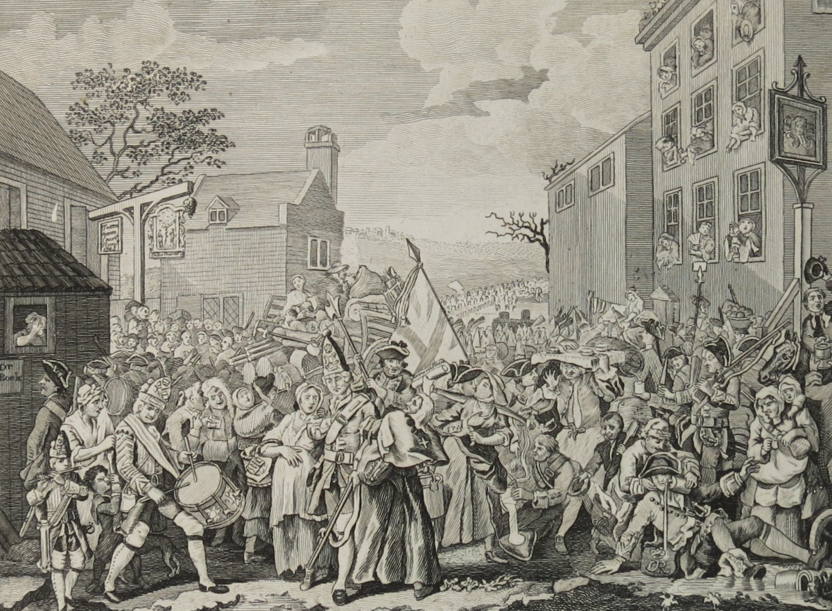 WILLIAM HOGARTH ANTIQUE 1791 COPPER PLATE ENGRAVING THE MARCH TO FINCHLEY