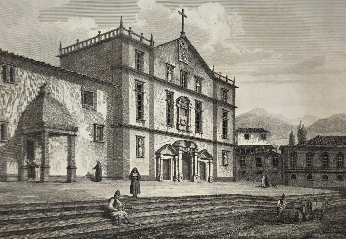 ANTIQUE 1812 VIEW OF THE JESUITS COLLEGE, MADEIRA COPPER PLATE ENGRAVING AFTER EDWARD HAWKE LOCKER