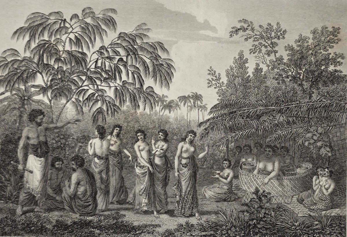 ANTIQUE 1812 DANCE IN THE FRIENDLY ISLES, TONGA COPPER PLATE ENGRAVING AFTER JEAN PIRON
