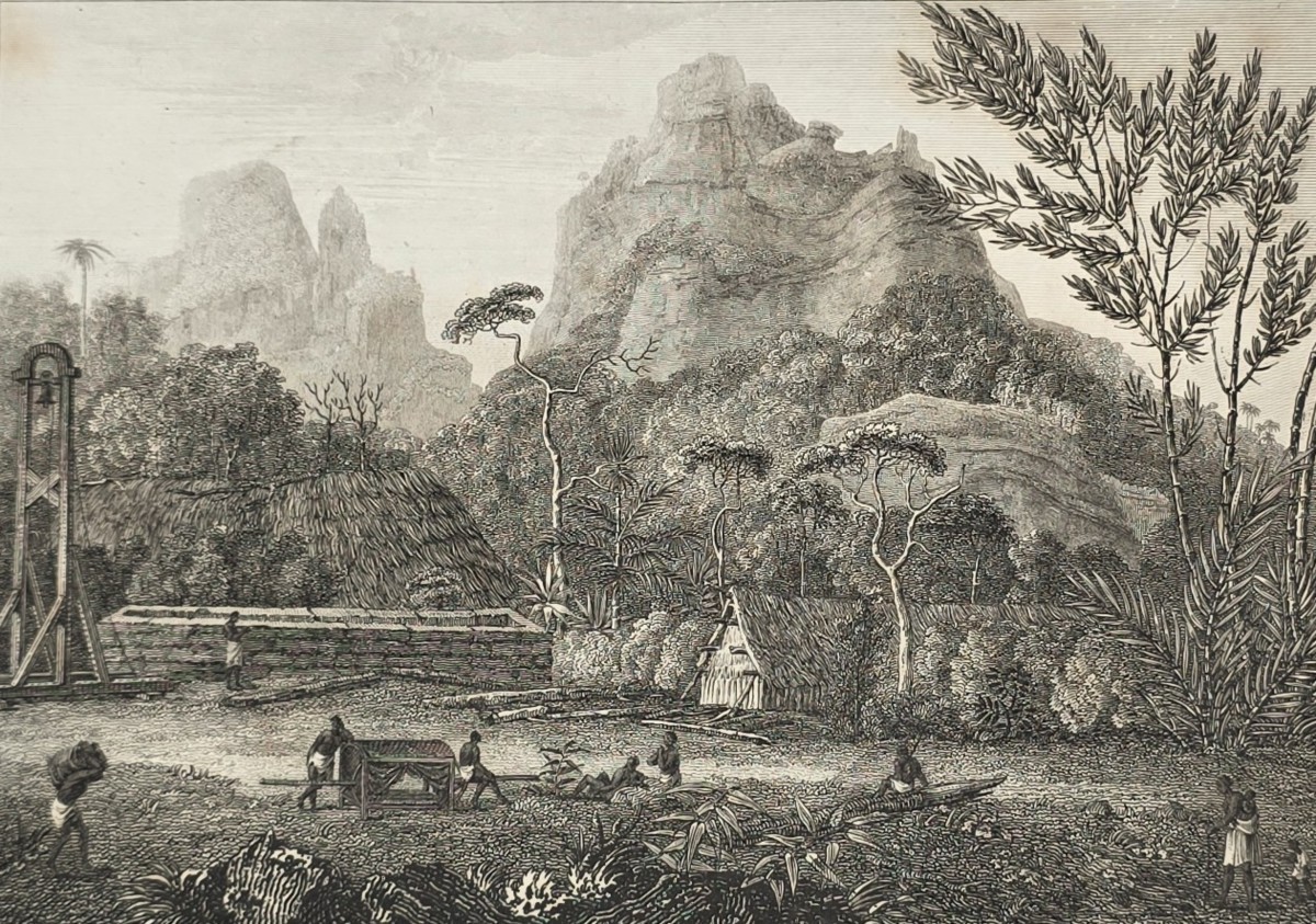 ANTIQUE 1813 VIEW OF THE THREE MAMELLES MOUNTAINS, ISLE OF FRANCE COPPER PLATE ENGRAVING AFTER JACQUES GERARD MILBERT
