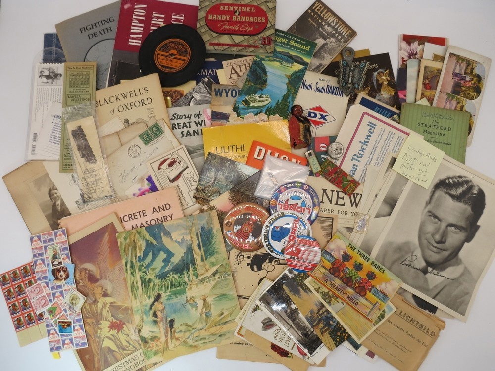 GIANT VINTAGE TO ANTIQUE EPHEMERA COLLECTION BOOKLETS, ROAD MAPS, POSTCARDS, TRADE CARDS, SMALLS & MORE