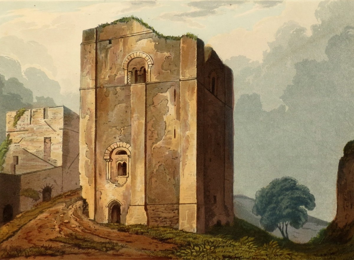 ORIGINAL 1823 KEEP OF GOODRICH CASTLE HAND COLORED AQUATINT PRINT BY THEODORE HENRY ADOLPHUS FIELDING; In Herefordshire, England