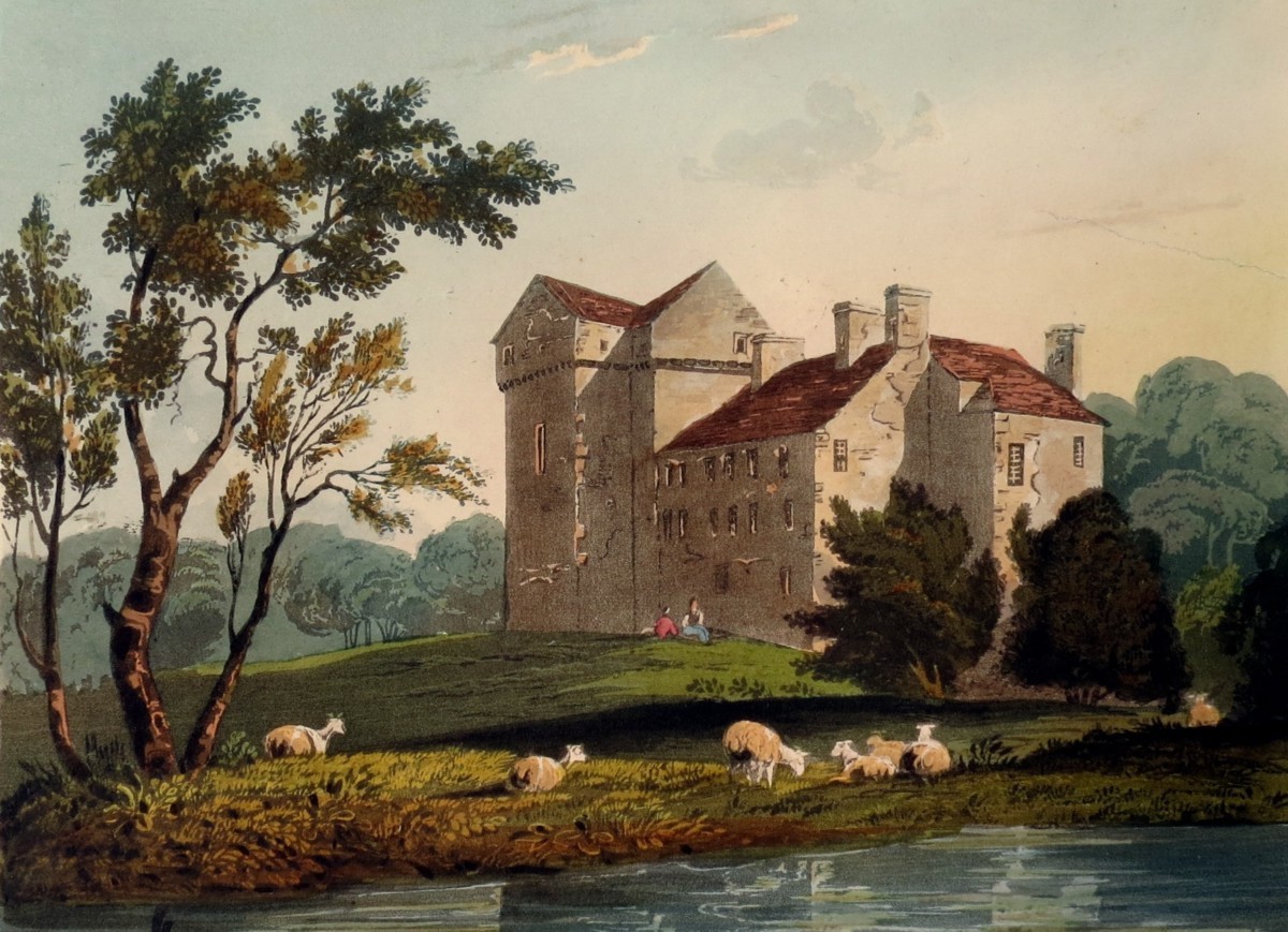 ORIGINAL 1823 BRANKSOME (BRANXHOLME) CASTLE HAND COLORED AQUATINT PRINT BY THEODORE HENRY ADOLPHUS FIELDING; In the Borders of Scotland