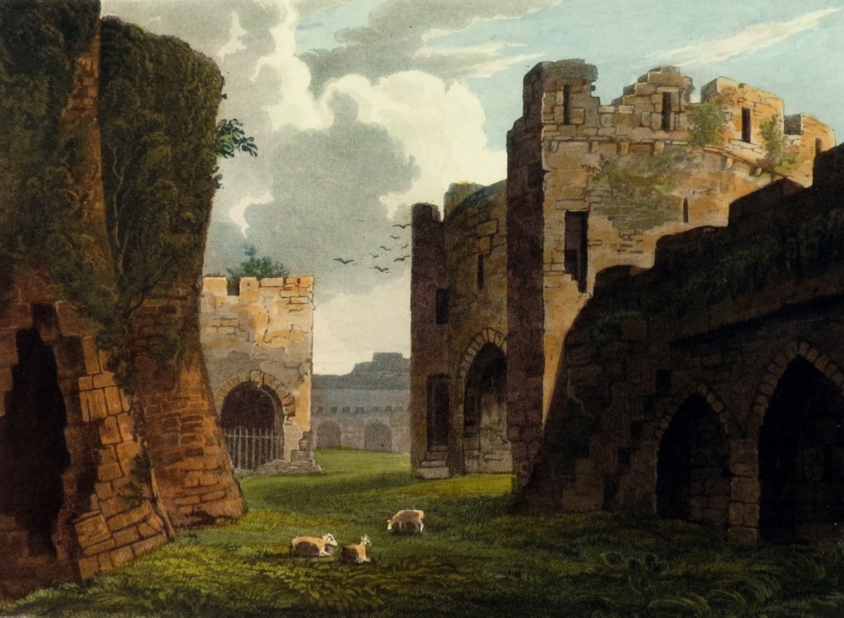 ORIGINAL 1823 BEAUMARIS CASTLE HAND COLORED AQUATINT PRINT BY THEODORE HENRY ADOLPHUS FIELDING; In Anglesey, Wales