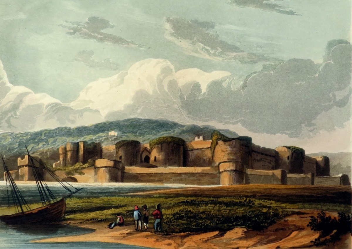 ORIGINAL 1823 BEAUMARIS CASTLE HAND COLORED AQUATINT PRINT BY THEODORE HENRY ADOLPHUS FIELDING; In Anglesey, Wales