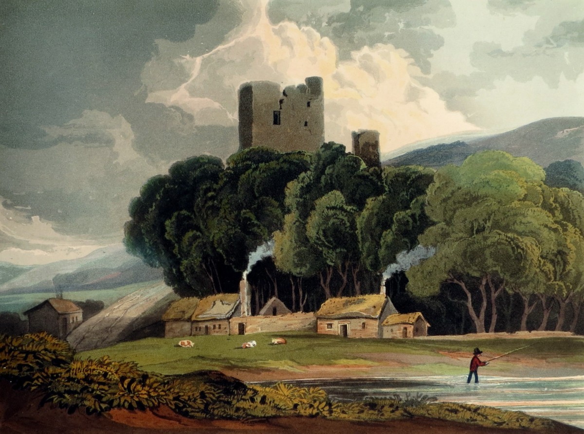 ORIGINAL 1823 THIRLWALL CASTLE HAND COLORED AQUATINT PRINT BY THEODORE HENRY ADOLPHUS FIELDING; In Northumberland, England