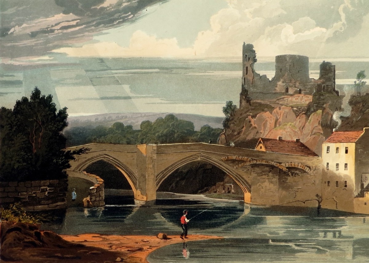 ORIGINAL 1823 BARNARD CASTLE HAND COLORED AQUATINT PRINT BY THEODORE HENRY ADOLPHUS FIELDING; In County Durham, England