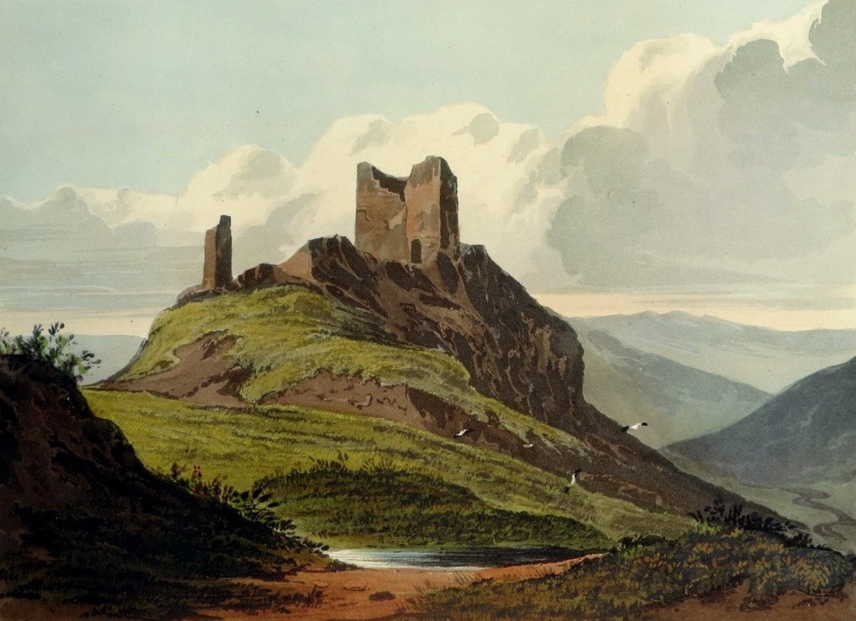 ORIGINAL 1823 DOLWYDDELAN CASTLE HAND COLORED AQUATINT PRINT BY THEODORE HENRY ADOLPHUS FIELDING; In Conwy County Borough, Wales