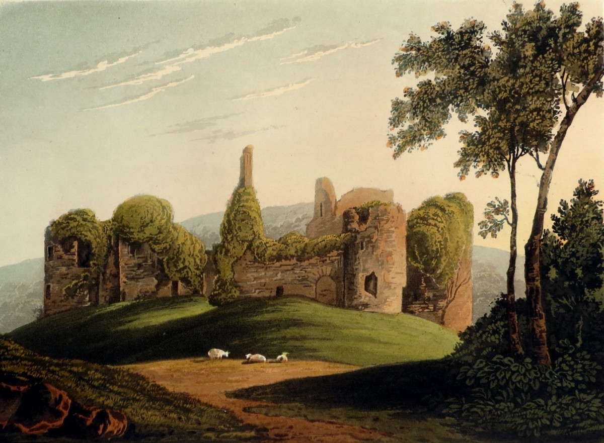ORIGINAL 1823 GROSMONT CASTLE HAND COLORED AQUATINT PRINT BY THEODORE HENRY ADOLPHUS FIELDING; In Monmouthshire, Wales