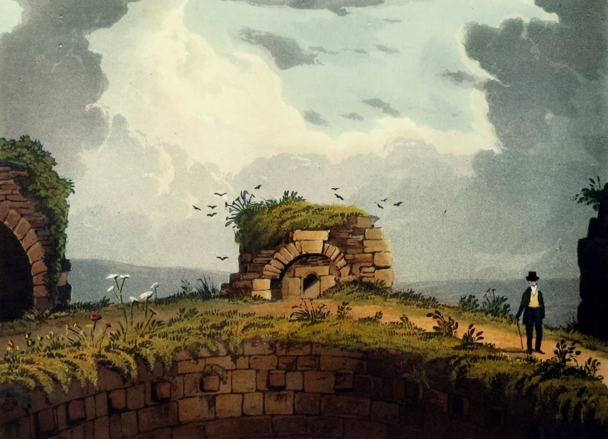ORIGINAL 1823 CONISBROUGH CASTLE HAND COLORED AQUATINT PRINT BY THEODORE HENRY ADOLPHUS FIELDING; In South Yorkshire, England