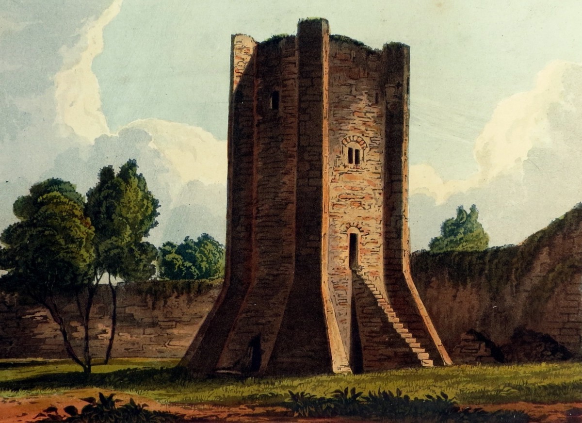 ORIGINAL 1823 CONISBROUGH CASTLE HAND COLORED AQUATINT PRINT BY THEODORE HENRY ADOLPHUS FIELDING; In South Yorkshire, England