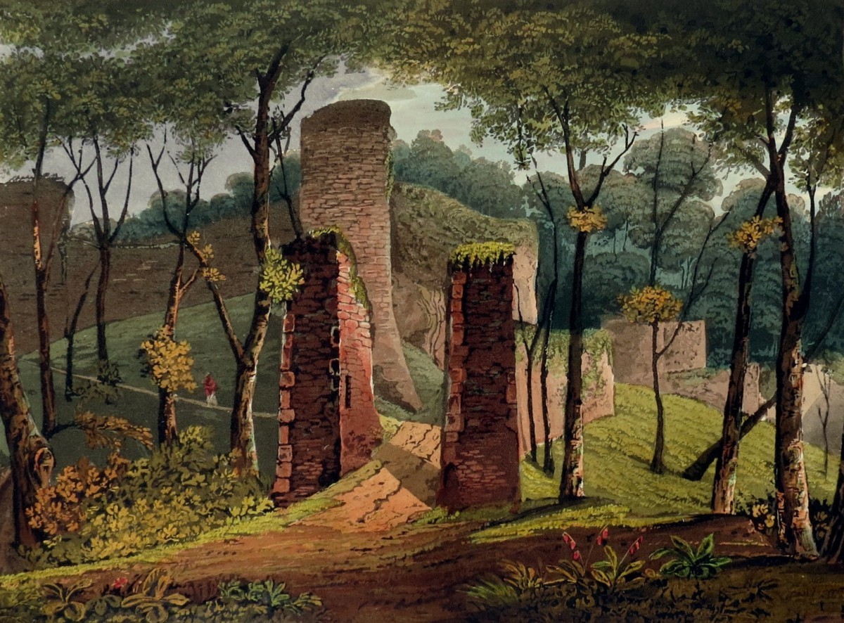ORIGINAL 1823 CONISBROUGH CASTLE HAND COLORED AQUATINT PRINT BY THEODORE HENRY ADOLPHUS FIELDING; In South Yorkshire, England