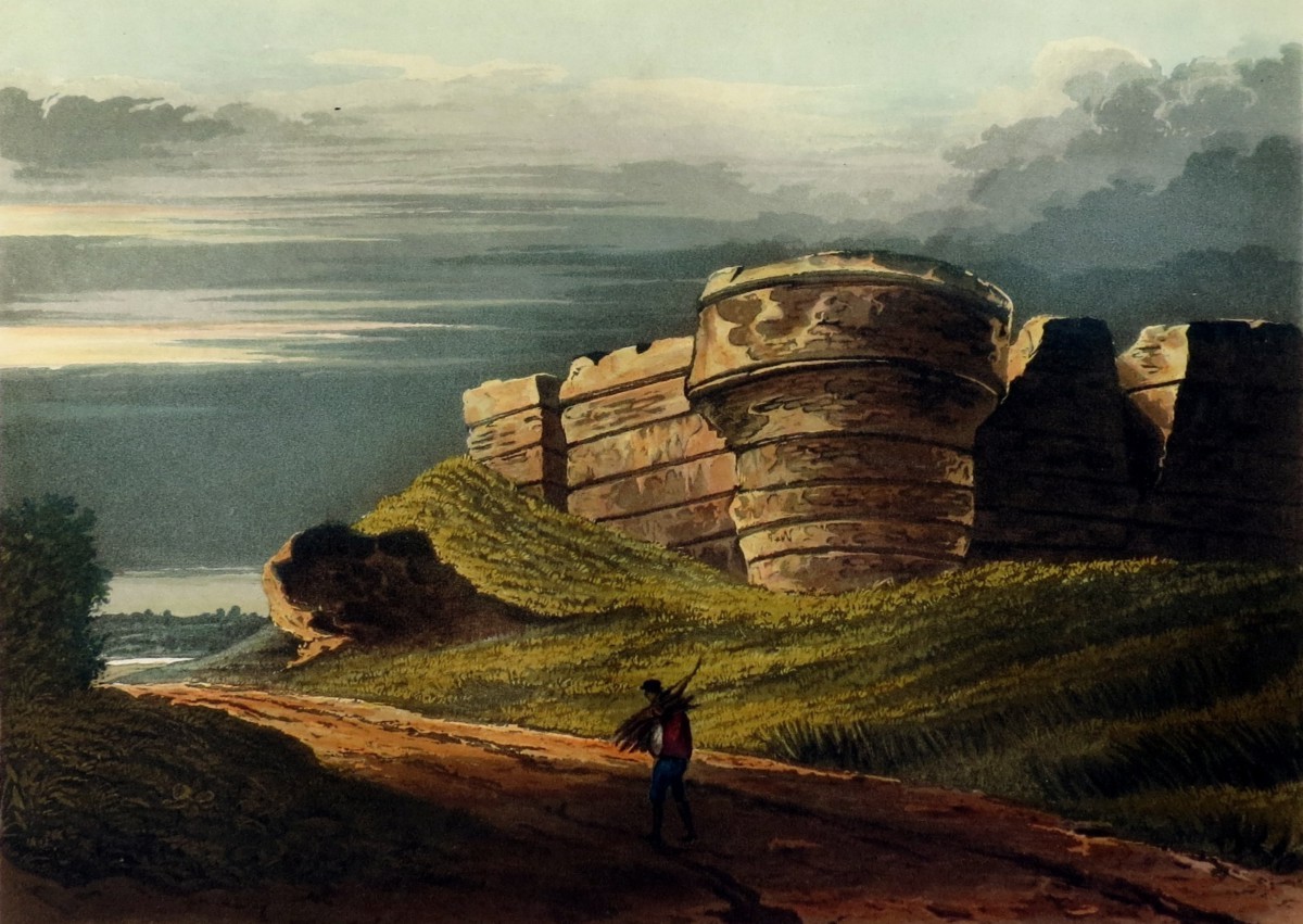 ORIGINAL 1823 BURGH CASTLE HAND COLORED AQUATINT PRINT BY THEODORE HENRY ADOLPHUS FIELDING; In Norfolk, England