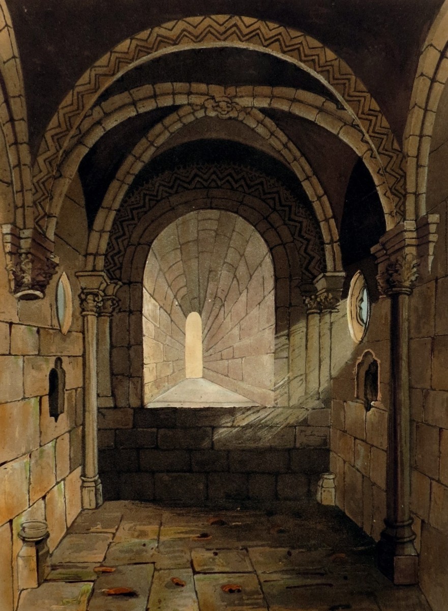 ORIGINAL 1823 SAXON CHAPEL IN CONISBROUGH CASTLE HAND COLORED AQUATINT PRINT BY THEODORE HENRY ADOLPHUS FIELDING