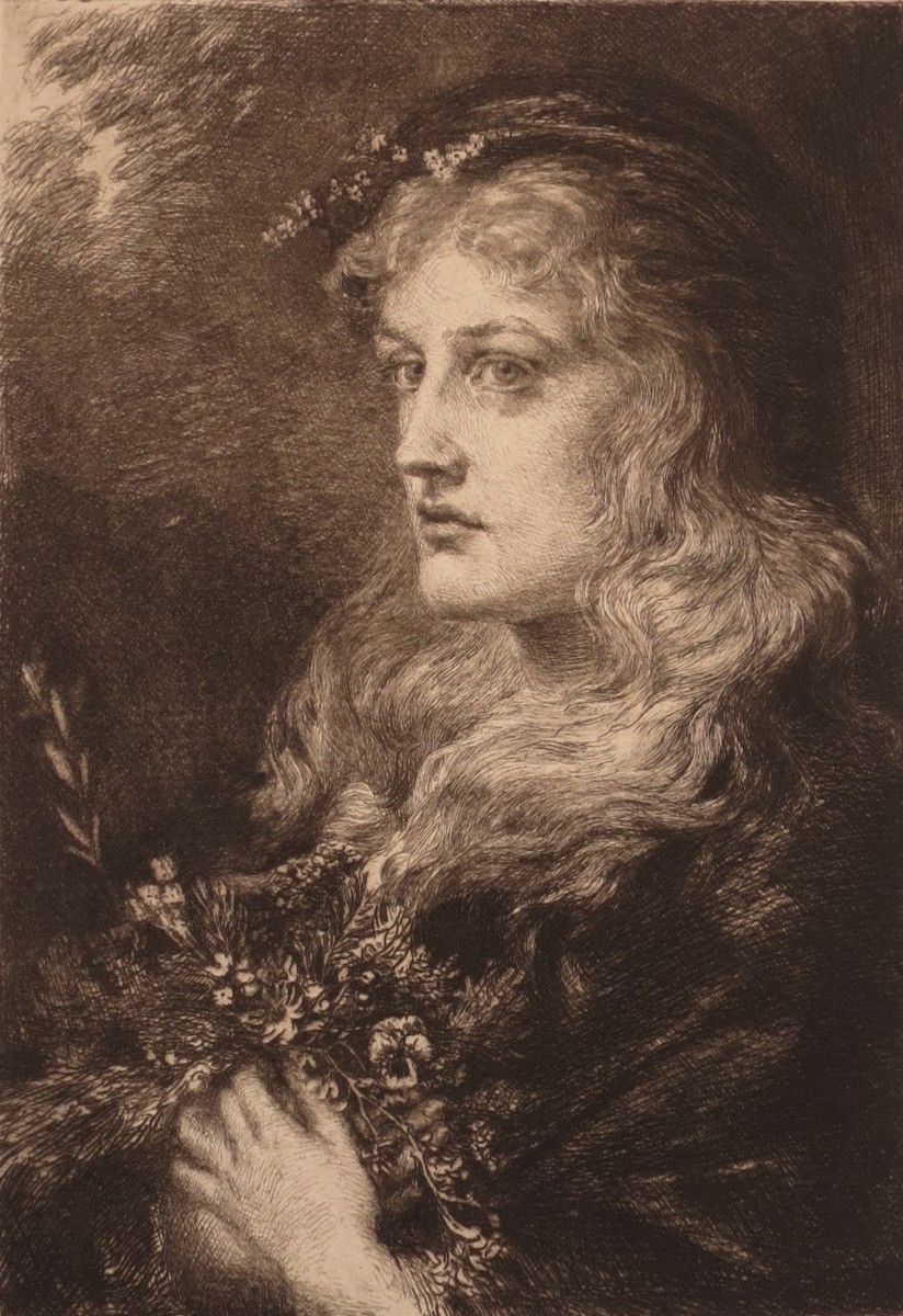 ANTIQUE 1889 ETCHING OPHELIA BY ANNA LEA MERRITT