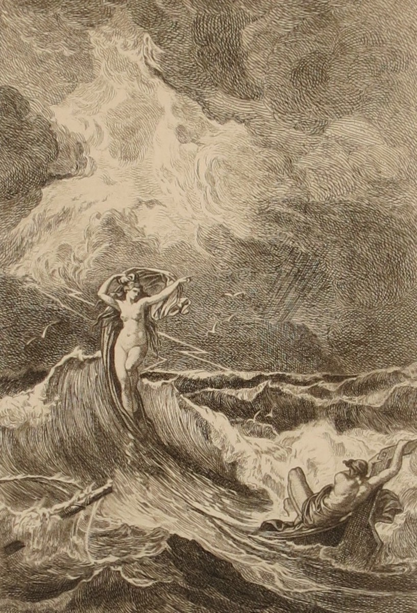 ANTIQUE 1889 ETCHING LEUKOTHEA APPEARS TO ODYSSEUS BY HANS MEYER