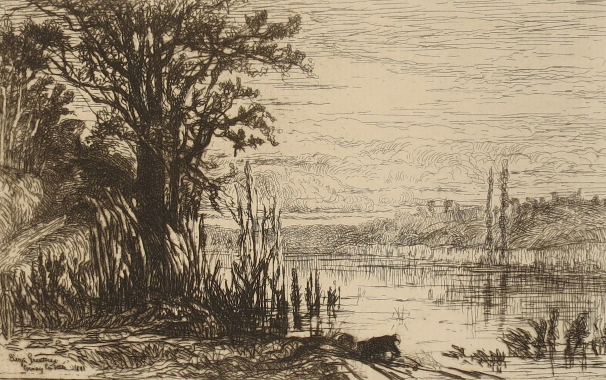 ANTIQUE 1889 ETCHING POND AT CERNAY-LA-VILLE BY ELIZA GREATOREX