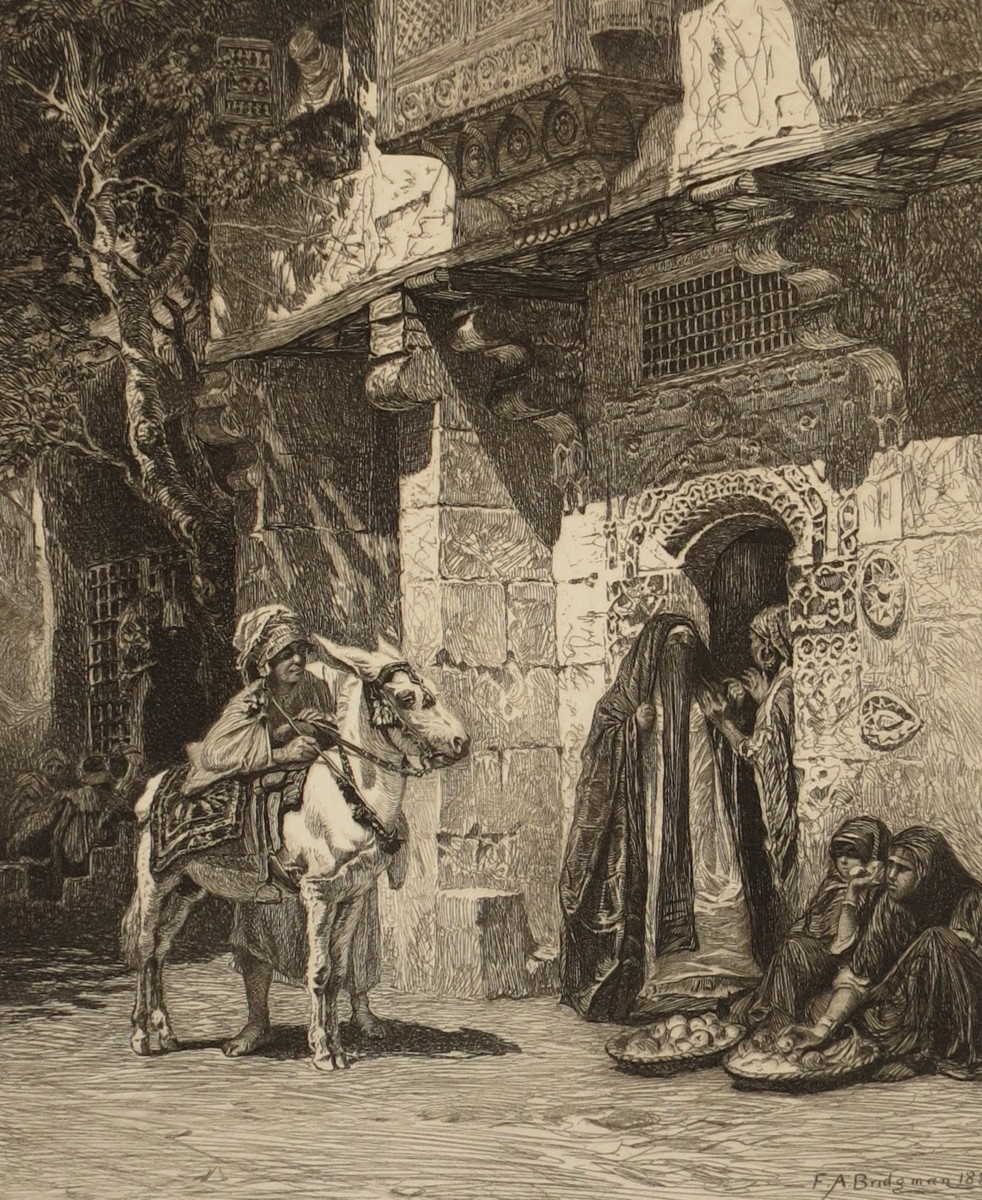 ANTIQUE 1889 LADY OF CAIRO VISITING BY JAMES DAVID SMILLIE AFTER FREDERICK ARTHUR BRIDGMAN