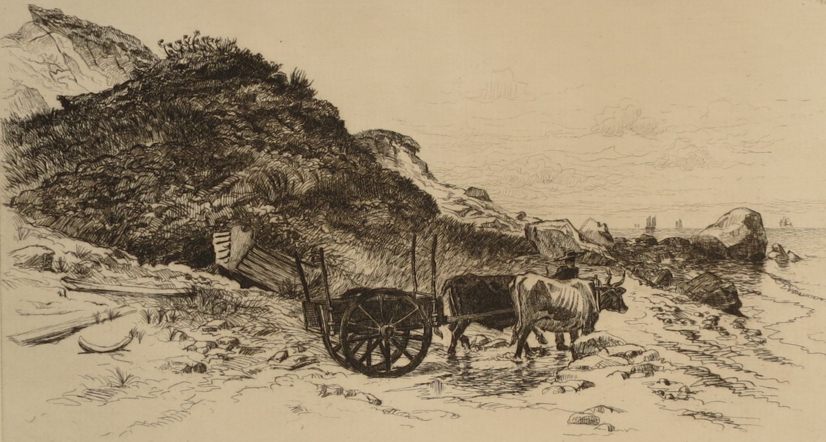 ANTIQUE 1889 NEAR MATTAKEESETT OXEN PULLING CART BY EDMUND HENRY GARRETT