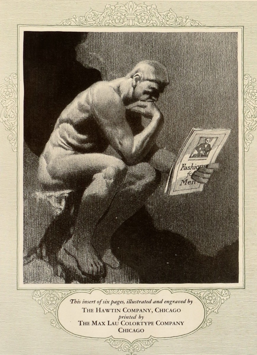 VINTAGE 1927 RODIN'S THINKER WITH FASHIONS FOR MEN AD IN HAND PRINT