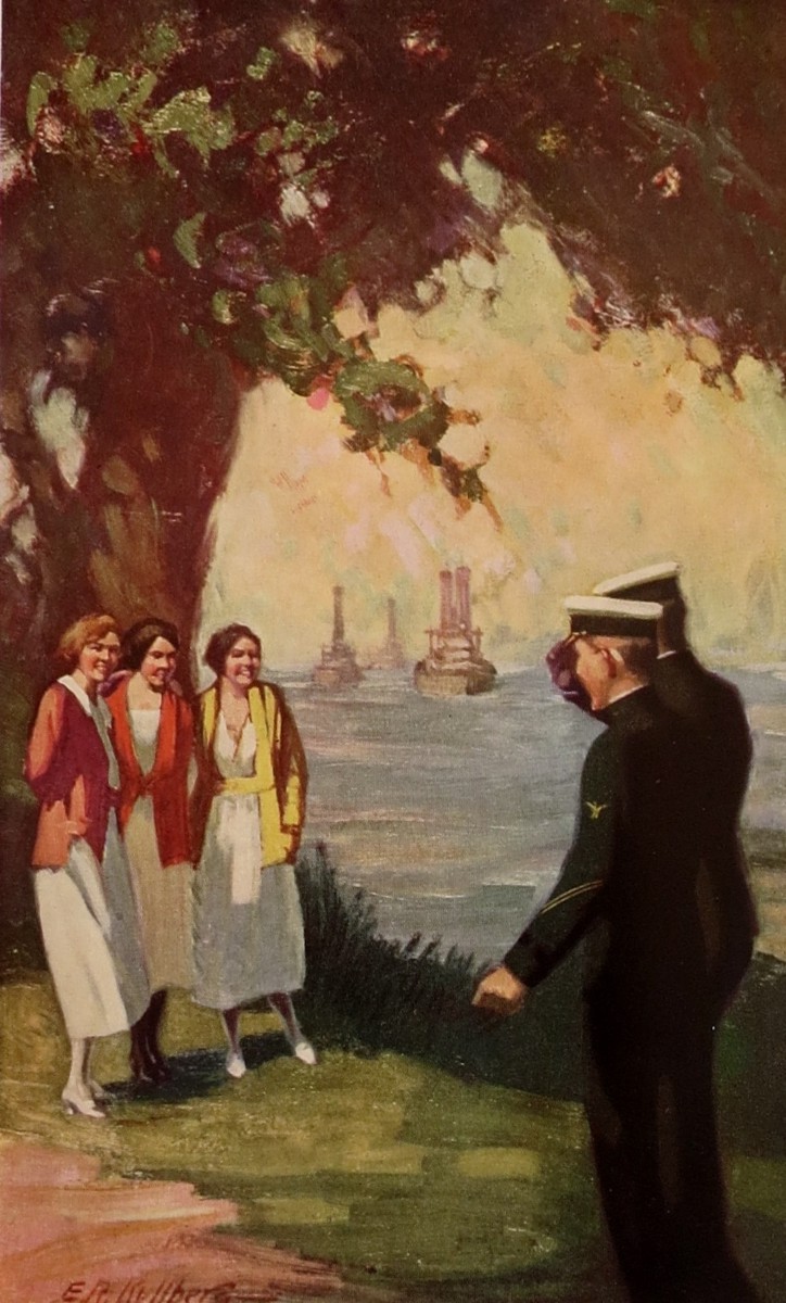 1920S U.S. NAVAL CADETS WITH PRETTY ADMIRORS PRINT BY E. R. KULLBERG