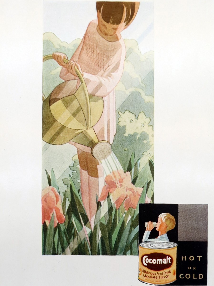 1930 ART DECO LITTLE GIRL WATERING FLOWERS COCOMALT AD PRINT BY EDWIN A GEORGI