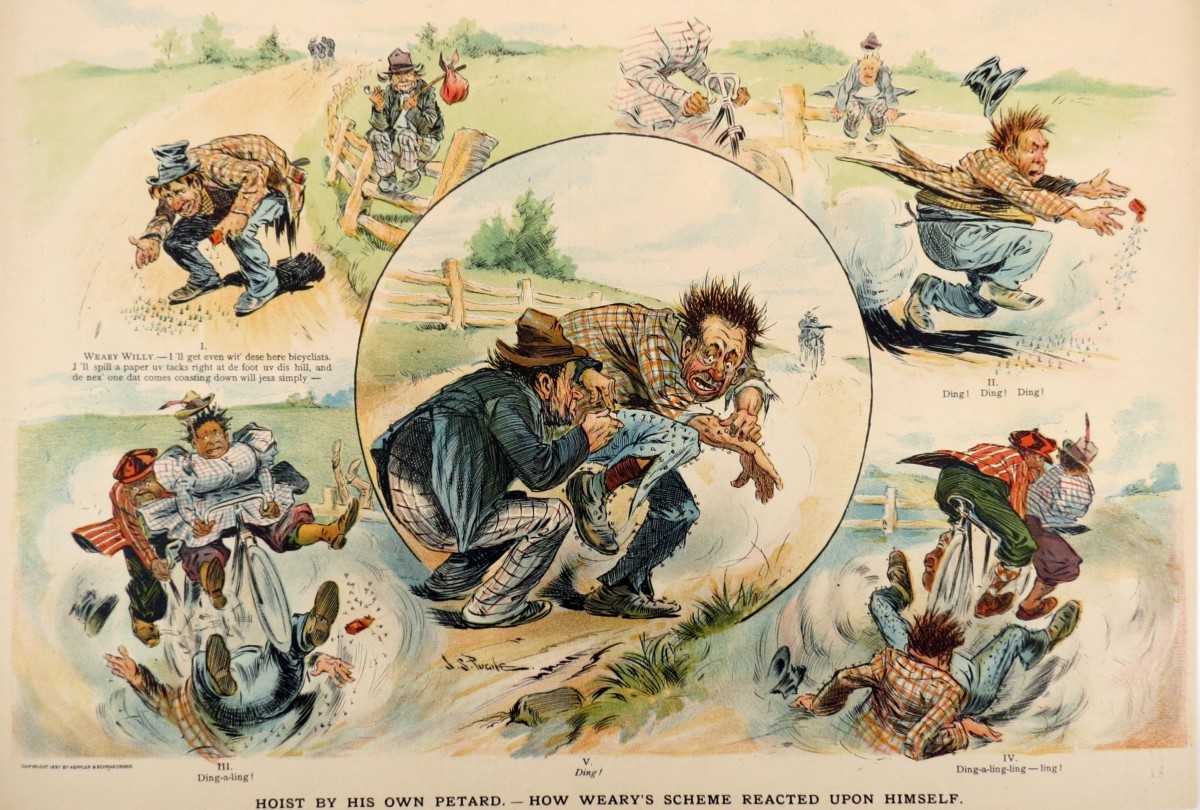 1897 JOHN SAMUEL PUGHE PUCK COMIC LITHOGRAPH PRINT - HOIST BY HIS OWN PETARD