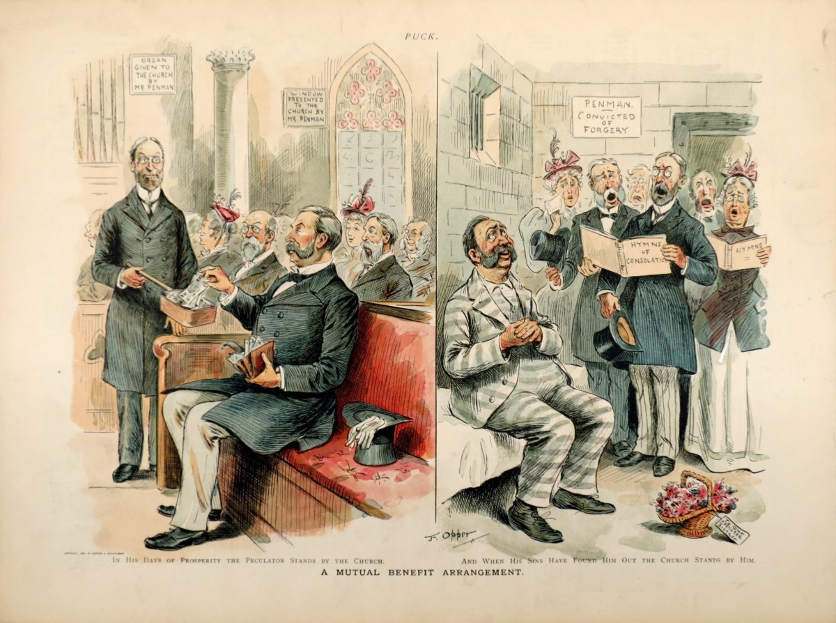 1894 FREDERICK BURR OPPER HYPOCRISY OF RELIGIOUS INSTITUTIONS PUCK COMIC LITHOGRAPH PRINT