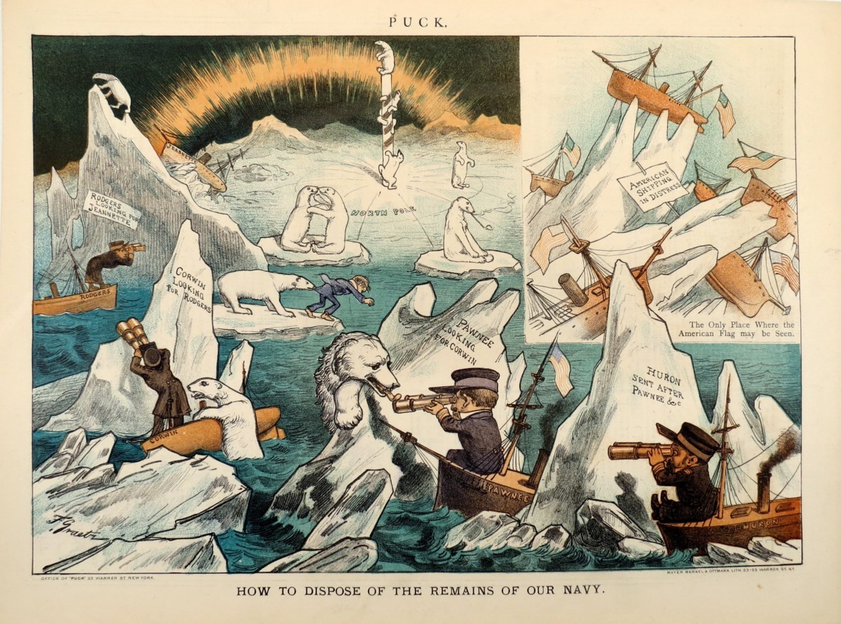 1888 FREDERICK GRAETZ NAVY SEARCH MISSION SATIRE PUCK COMIC LITHOGRAPH PRINT