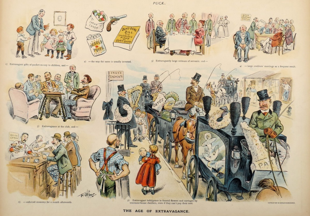 1897 FREDERICK BURR OPPER THE AGE OF EXTRAVAGANCE FINANCIAL RUIN PUCK COMIC LITHOGRAPH PRINT