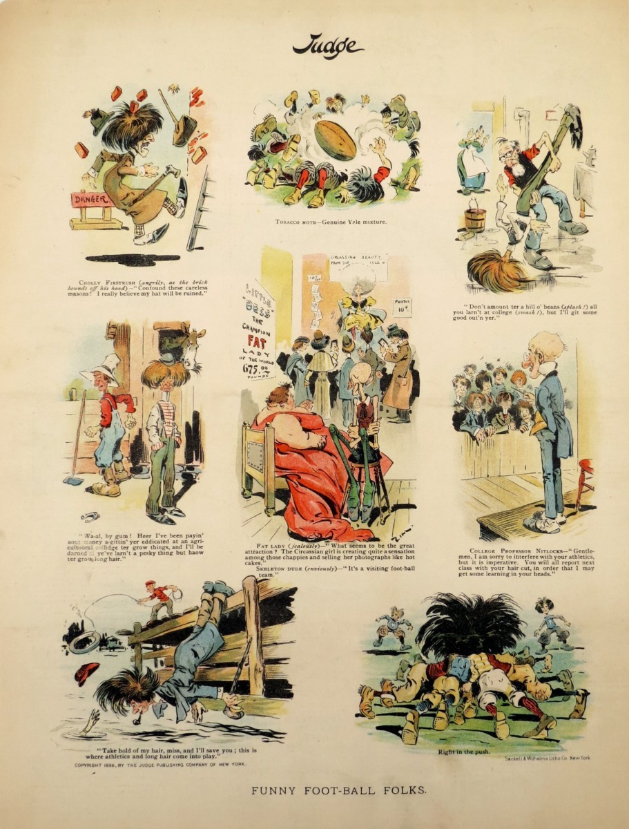 1896 EUGENE ZIM ZIMMERMAN FUNNY FOOT-BALL FOLKS JUDGE COMIC LITHOGRAPH PRINT
