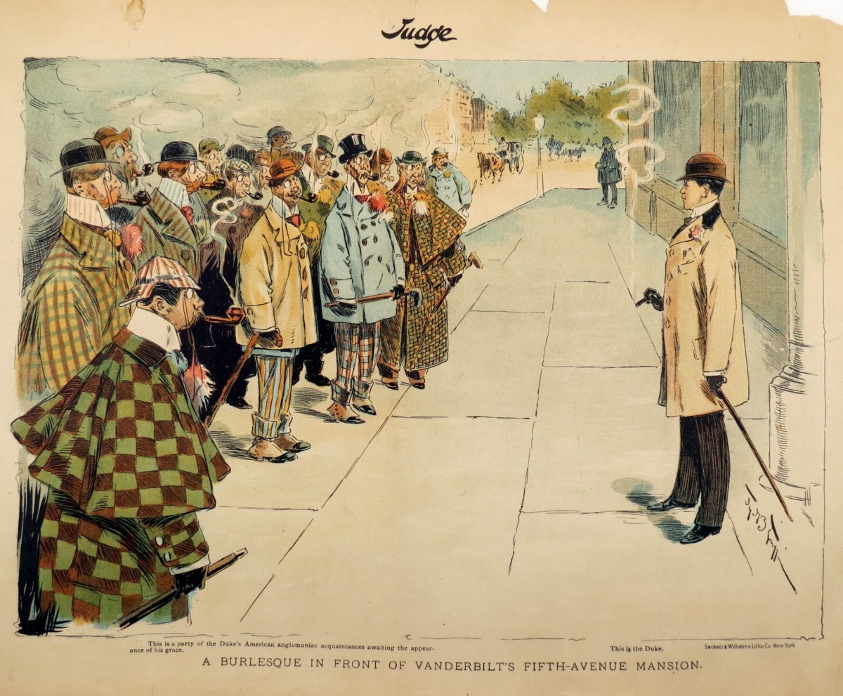 1895 AMERICAN ANGLOMANIA BURLESQUE AT VANDERBILT'S FIFTH-AVENUE MANSION COMIC LITHOGRAPH PRINT