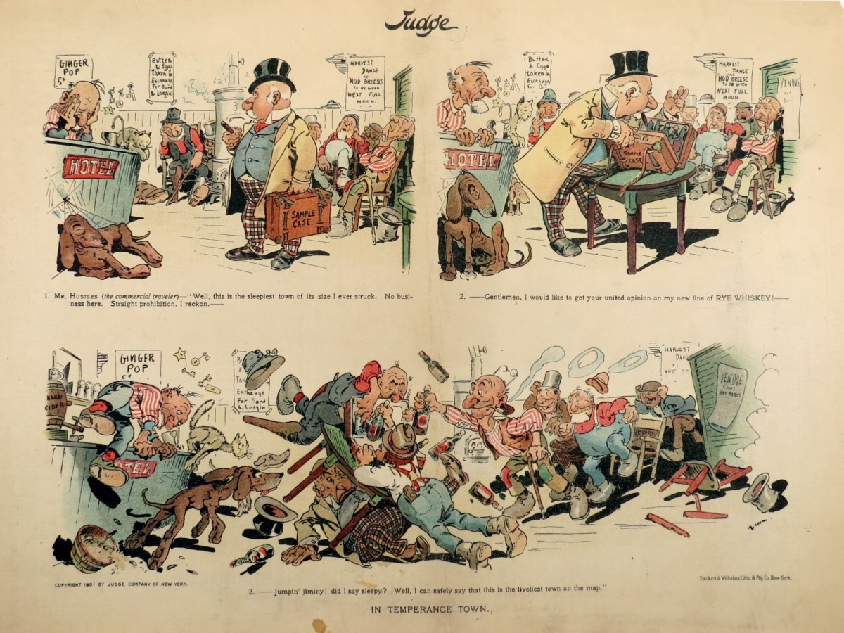 1901 EUGENE ZIM ZIMMERMAN DRUNKEN REVELRY IN TEMPERANCE TOWN JUDGE COMIC LITHOGRAPH PRINT