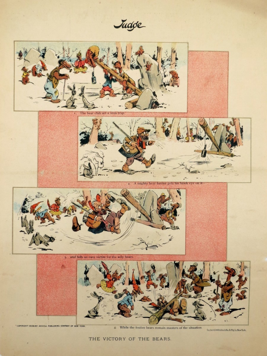 1898 EUGENE ZIM ZIMMERMAN VICTORY OF THE BEARS BOOZE MAN TRAP JUDGE COMIC LITHOGRAPH PRINT