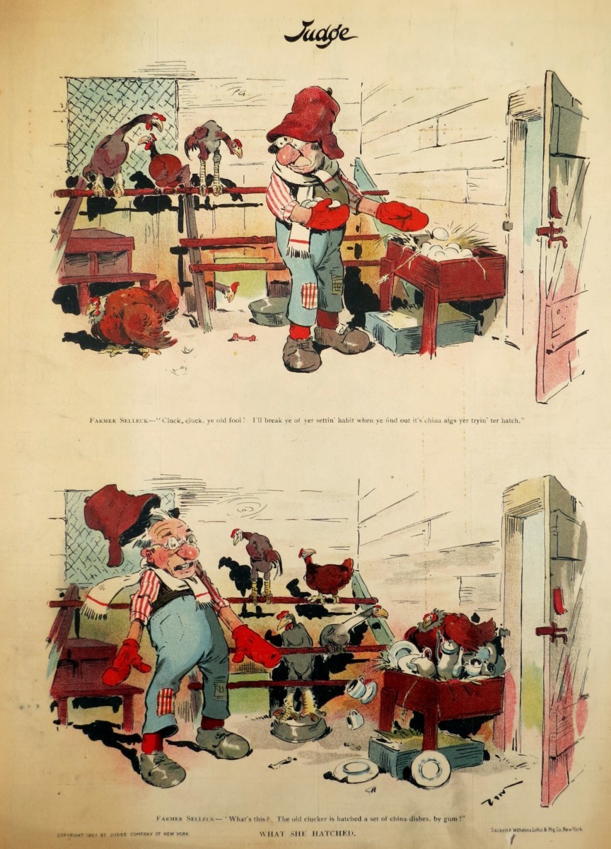 1901 EUGENE ZIM ZIMMERMAN WHAT SHE HATCHED FARMER'S BEWILDERMENT JUDGE COMIC LITHOGRAPH PRINT