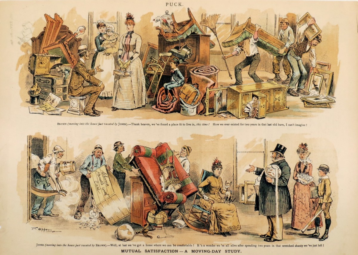 1889 FREDERICK OPPER MOVING DAY STUDY, GRASS IS ALWAYS GREENER PUCK COMIC LITHOGRAPH PRINT