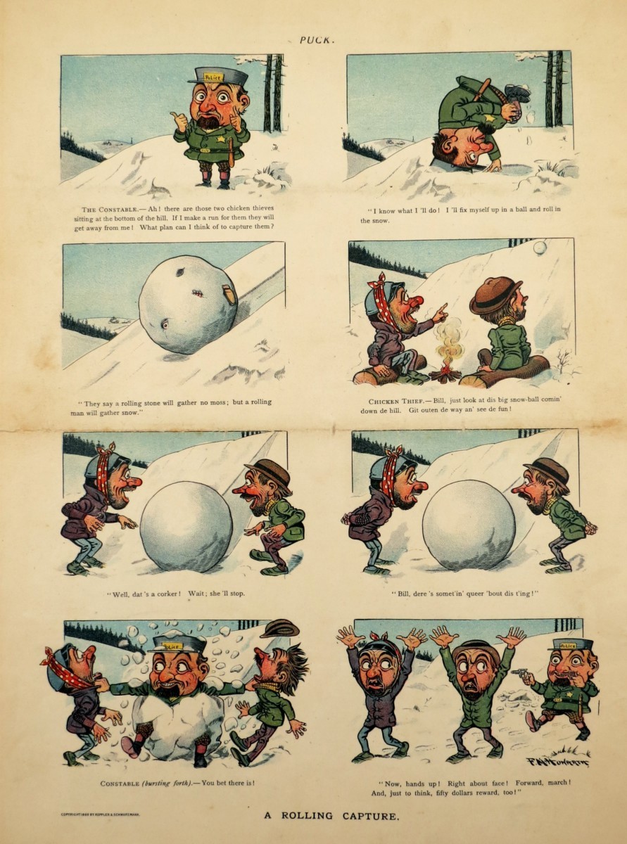 1899 FRANKLIN MORRIS HOWARTH ROLLING SNOWBALL CAPTURE PUCK COMIC LITHOGRAPH PRINT
