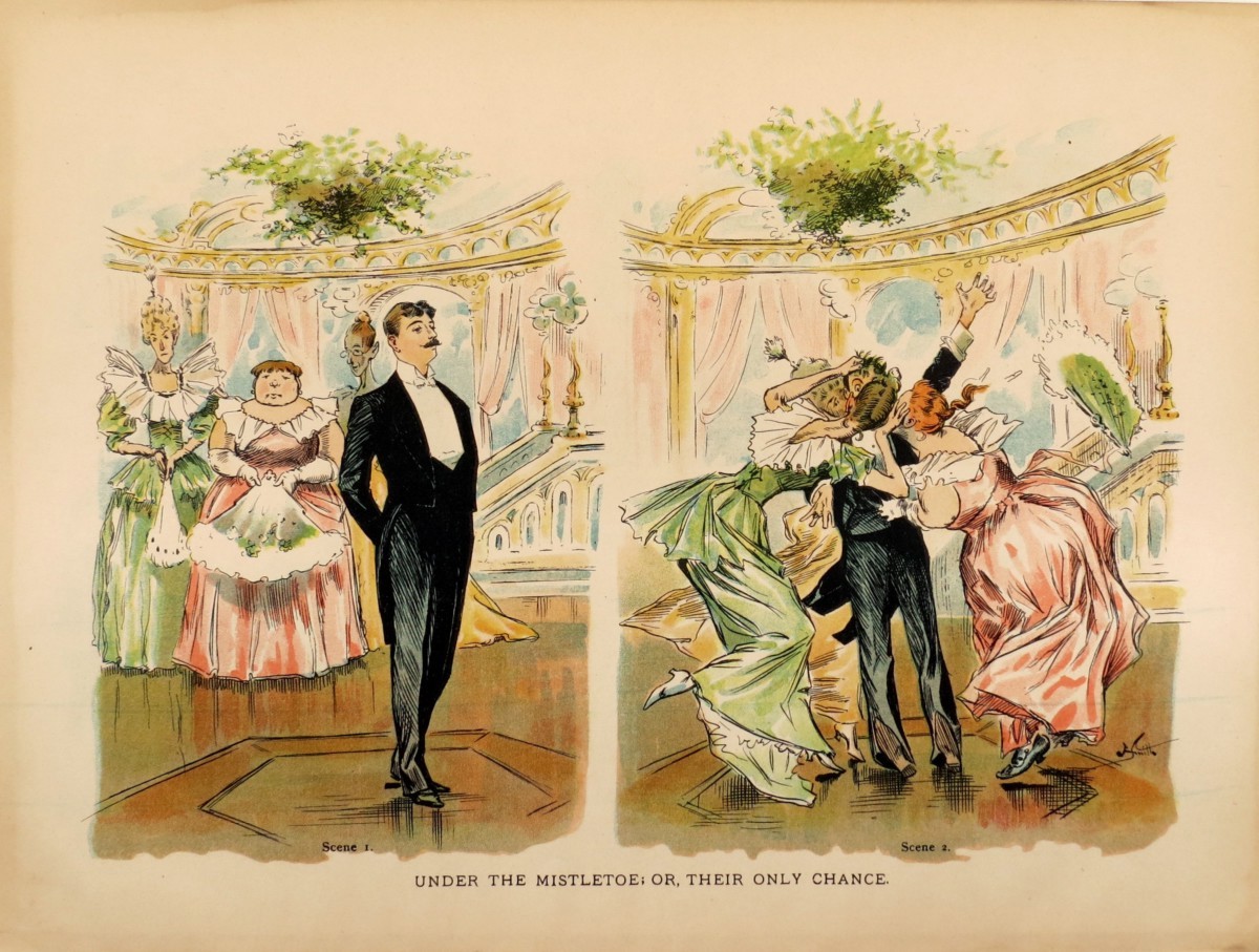 1893 UNDER THE MISTLETOE, OR THEIR ONLY CHANCE JUDGE COMIC LITHOGRAPH PRINT