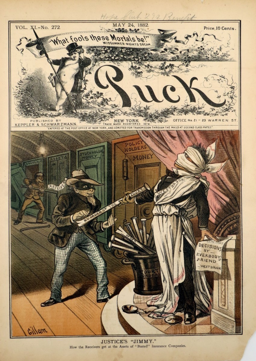 1882 BERNHARD GILLAM JUSTICE'S JIMMY JUDICIAL ABUSE CORRUPTION PUCK COMIC LITHOGRAPH PRINT