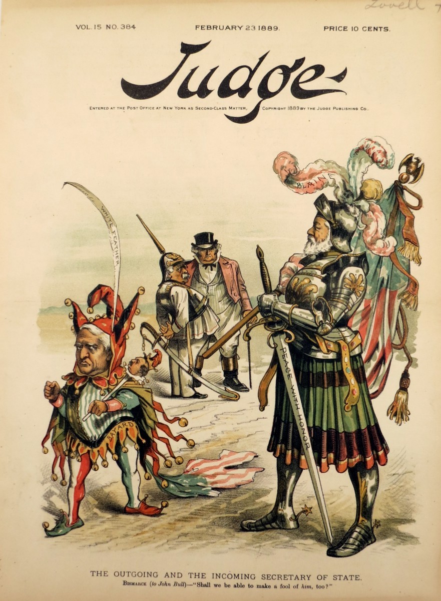 1889 FOOLS, OUTGOING & INCOMING SECRETARY OF STATE THOMAS BAYARD, JAMES BLAINE JUDGE COMIC LITHOGRAPH PRINT